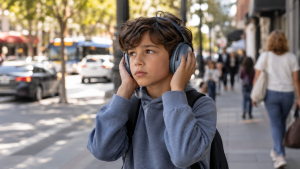 Niño con autismo usando cascos antiruido debido a la hipersensibilidad sensorial