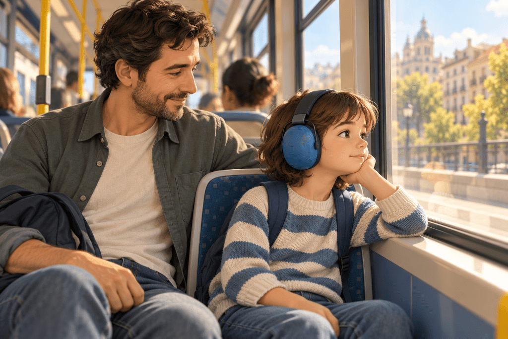 Ilustración de un niño con cascos antirruido junto a su padre en el transporte público